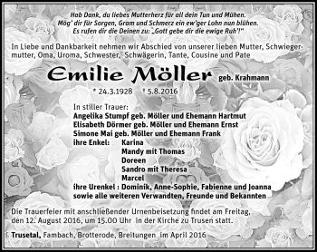 Traueranzeige von Elisabeth Möller von Südthüringer Presse