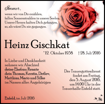 Traueranzeige von Heinz Gischkat von Südthüringer Presse