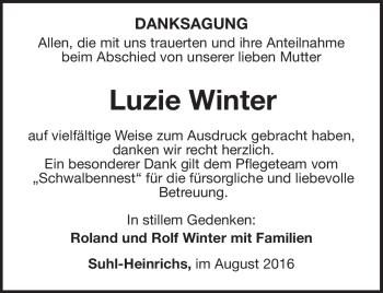 Traueranzeige von Luzie Winter von Südthüringer Presse