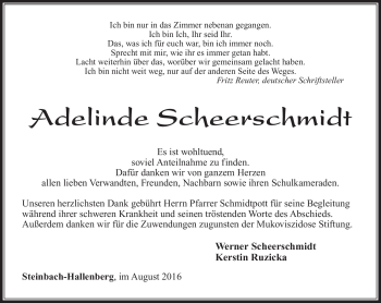 Traueranzeige von Adelinde Scheerschmidt von Südthüringer Presse