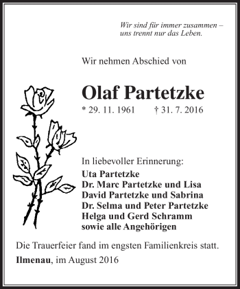 Traueranzeige von Olaf Partetzke von Südthüringer Presse