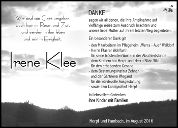 Traueranzeige von Irene Klee von Südthüringer Presse