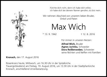 Traueranzeige von Max Wich von Neue Presse Coburg