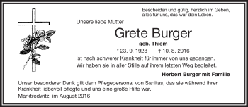 Traueranzeige von Grete Burger von Frankenpost