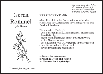 Traueranzeige von GErda Rommel von Südthüringer Presse