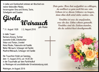 Traueranzeige von Gisela Weirauch von Südthüringer Presse
