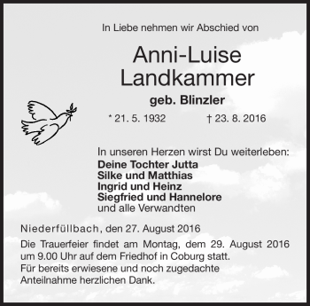 Traueranzeige von Anni- Luise Landkammer von Neue Presse Coburg