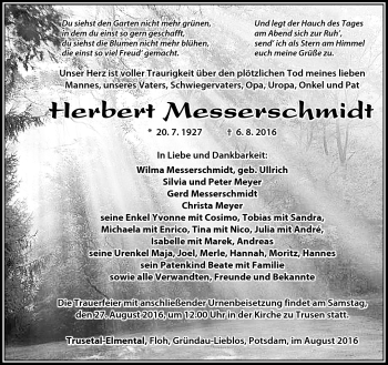 Traueranzeige von Herbert Messerschmidt von Südthüringer Presse