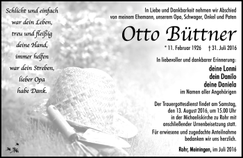 Traueranzeige von Otto Büttner von Südthüringer Presse