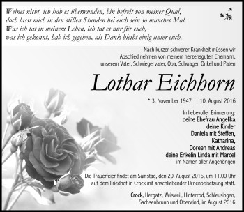 Traueranzeige von Lothar Eichhorn von Südthüringer Presse