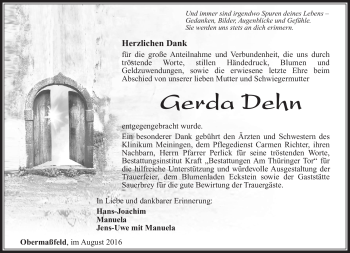 Traueranzeige von Gerda Dehn von Südthüringer Presse