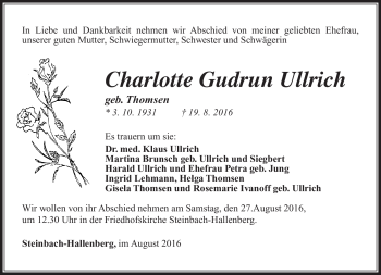 Traueranzeige von Charlotte Ullrich von Südthüringer Presse