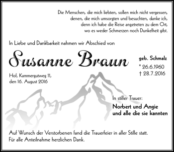 Traueranzeige von Susanne Braun von Frankenpost