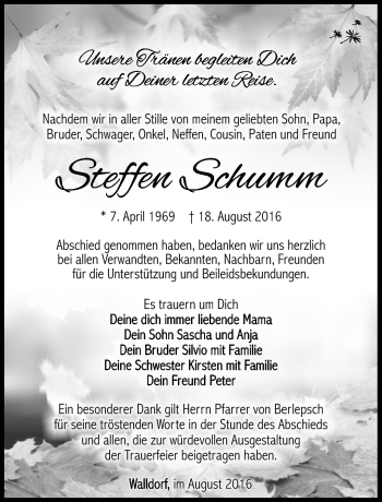 Traueranzeige von Steffen Schumm von Südthüringer Presse