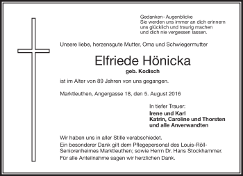 Traueranzeige von Elfriede Hönicka von Frankenpost