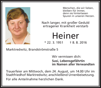 Traueranzeige von Heiner  von Frankenpost