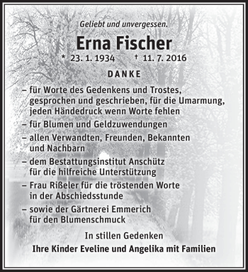 Traueranzeige von Erna Fischer von Südthüringer Presse