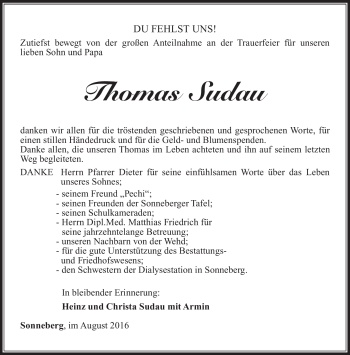 Traueranzeige von Thomas Sudau von Südthüringer Presse