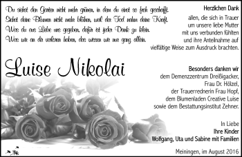 Traueranzeige von Luise Nikolai von Südthüringer Presse
