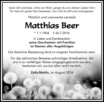 Traueranzeige von Matthias Beer von Südthüringer Presse