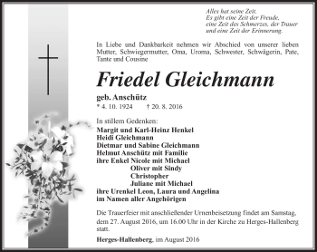 Traueranzeige von Friedel Gleichmann von Südthüringer Presse