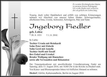 Traueranzeige von Ingeborg Fiedler von Südthüringer Presse