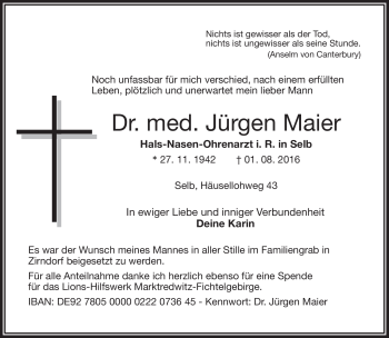 Traueranzeige von Jürgen Maier von Frankenpost
