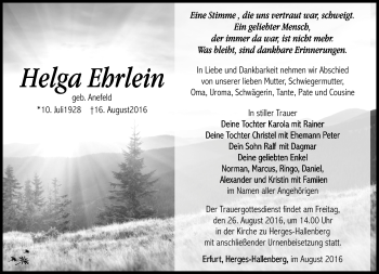 Traueranzeige von Helga Ehrlein von Südthüringer Presse