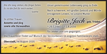 Traueranzeige von Brigitte Jach von Südthüringer Presse