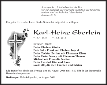 Traueranzeige von Karl-Heinz Eberlein von Südthüringer Presse