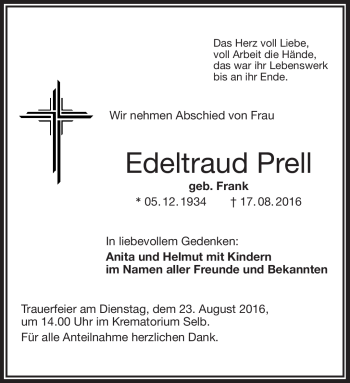 Traueranzeige von Edeltraud Prell von Frankenpost