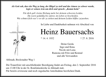 Traueranzeige von Heinz Bauersachs von Neue Presse Coburg