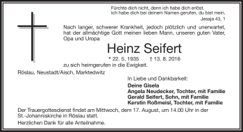 Traueranzeige von Heinz Seifert von Frankenpost