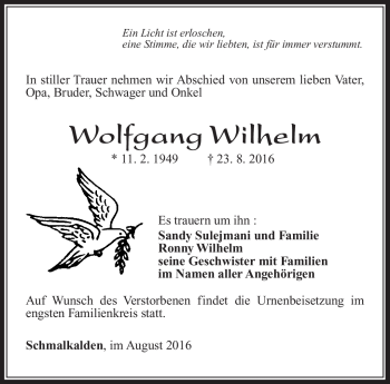 Traueranzeige von Wolfgang Wilhelm von Südthüringer Presse