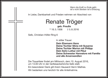 Traueranzeige von Renate Tröger von Frankenpost