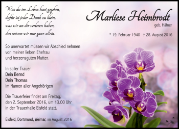 Traueranzeige von Marliese Heimbrodt von Südthüringer Presse