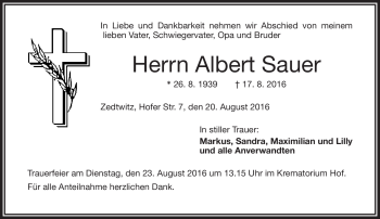 Traueranzeige von Albert Sauer von Frankenpost