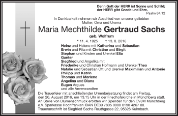Traueranzeige von Gertraud Sachs von Frankenpost