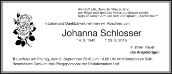 Traueranzeige von Johanna Schlosser von Frankenpost