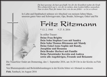 Traueranzeige von Fritz Ritzmann von Südthüringer Presse