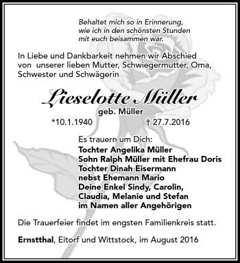 Traueranzeige von Lieselotte Müller von Südthüringer Presse