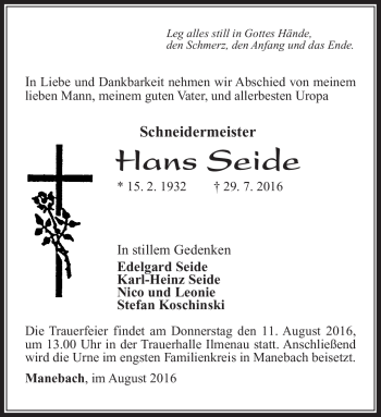 Traueranzeige von Hans Seide von Südthüringer Presse