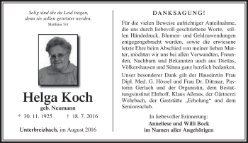Traueranzeige von Helga Koch von Südthüringer Presse