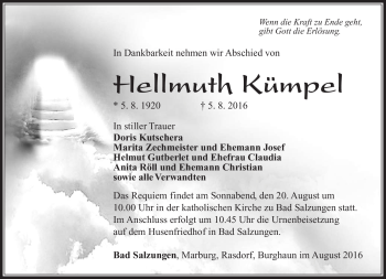 Traueranzeige von Hellmuth Kümpel von Südthüringer Presse