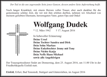 Traueranzeige von Wolfgang Dudek von Südthüringer Presse