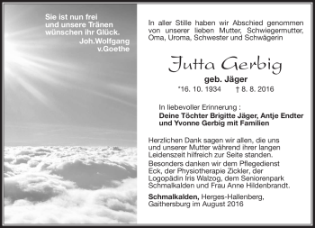 Traueranzeige von Jutta Gerbig von Südthüringer Presse