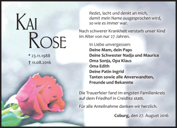 Traueranzeige von Kai Rose von Neue Presse Coburg