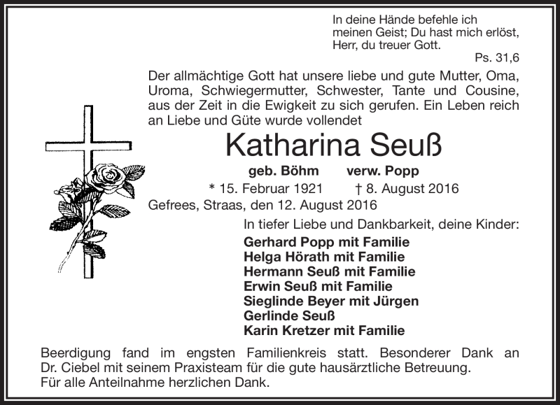  Traueranzeige für Katharina Seuß vom 12.08.2016 aus Frankenpost