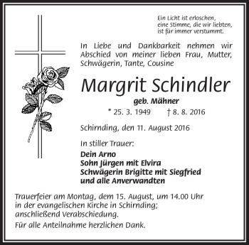 Traueranzeige von Margrit Schindler von Frankenpost