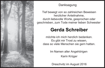 Traueranzeige von Gerda Schreiber von Südthüringer Presse